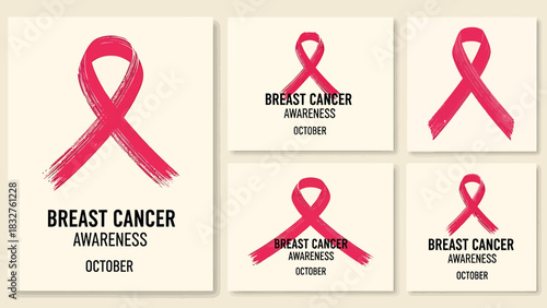 Collection of pink breast cancer awareness ribbons with text, promoting October campaigns and support.