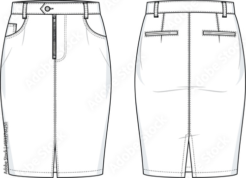 Pencil skirt fashion sketch, technical garment illustration, front and back view, high waist, welt pockets, zipper closure, Adobe Stock