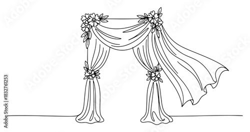 Wedding ceremony arch with floral decoration and drapes continuous one line drawing vector illustration