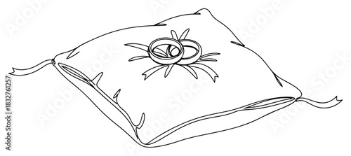 Pair of wedding rings on decorative cushion continuous one line drawing marriage symbol vector