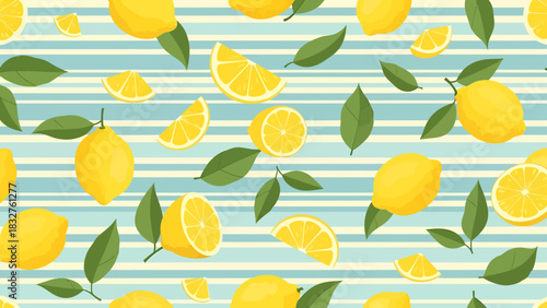 Seamless pattern with fresh yellow lemons, slices, and green leaves on a striped blue background.