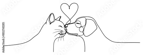 Continuous one line drawing of cat and dog kissing with heart symbol for cute Valentines Day pet love