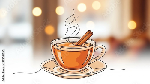 A single line drawing of a steaming cup of warm spiced cider with cinnamon sticks on a saucer set against a bokeh background