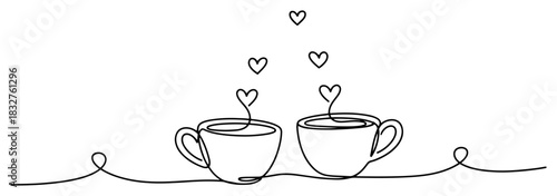 Two coffee cups with heart shaped steam continuous one line drawing romantic valentine vector