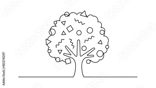 A whimsical black and white line drawing of a stylized tree with a leafy canopy adorned with various geometric shapes and squiggly lines representing fruit or leaves