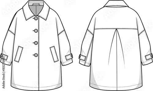 Rounded hem coat, front and back view, fashion illustration, inverted pleat, strap cuffs, garment sketch, stylish outerwear, technical design