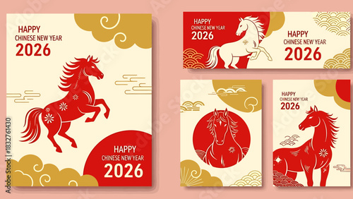 A collection of festive Chinese New Year 2026 designs featuring red horses and traditional patterns.
