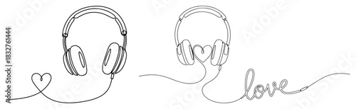 Set of continuous one line drawings of headphones with cables forming a heart shape and love text vector illustration of romantic music
