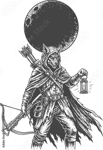 Dark silhouette of a hooded figure holding a lantern with a crossbow and a large moon