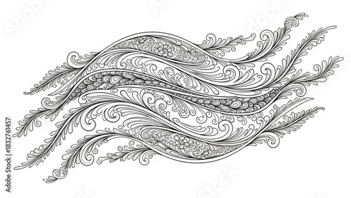 Intricate black and white swirling floral and leaf pattern design with delicate curves and detailed textures on a white background