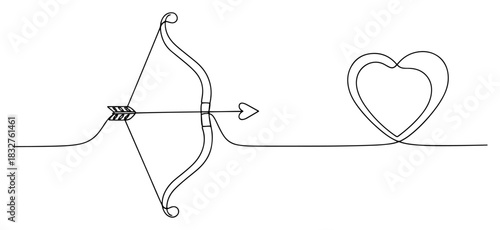 Continuous one line drawing of Cupids bow and arrow aiming at a heart symbol minimalist vector illustration for Valentines Day