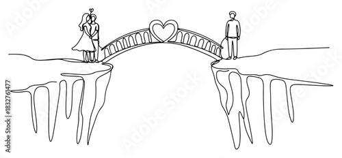 Continuous one line drawing of a bridge connecting cliffs with a couple and a lonely person minimalist vector illustration of love and separation