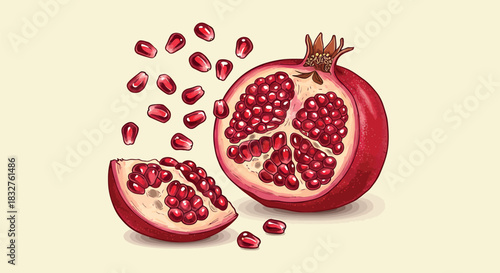 Vibrant Pomegranate Halves and Arils Illustration with Scattered Seeds