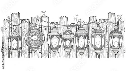 Intricate decorative lanterns hung on a rustic wooden fence with delicate vines growing upwards