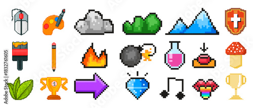 Pixel Art Elements Set. Game Icons and Creative Objects Collection.