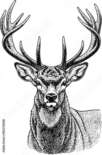 Dark silhouette of a majestic deer head with large antlers on a black background