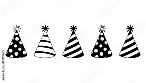 Five black and white party hats with polka dot and stripe patterns birthday celebration