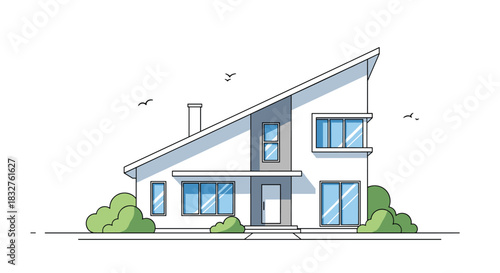 Modern minimalist house with a distinctive asymmetrical sloping roof design.