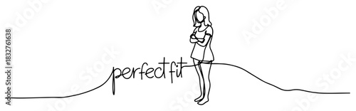 Woman figure with perfect fit handwriting text continuous one line drawing fashion concept vector