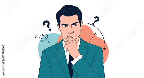 A man in a suit ponders a strategic decision with question marks and tactical diagrams surrounding him.