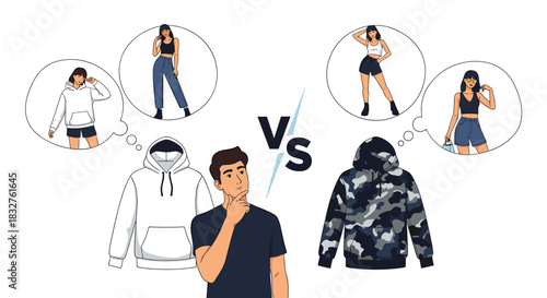 Man contemplating between a white and a camouflage hoodie with outfit ideas displayed in thought bubbles.