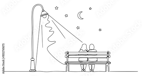 Continuous one line drawing of romantic couple sitting on bench under street lamp at night with moon and stars