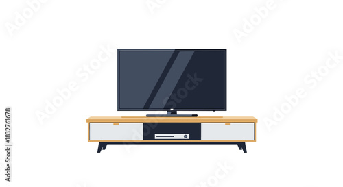 Modern flat screen television set on a minimalist wood and white media console.