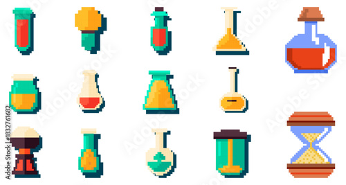 Pixel Art Potion Bottles Set. Magic Elixirs and Laboratory Flasks Collection.