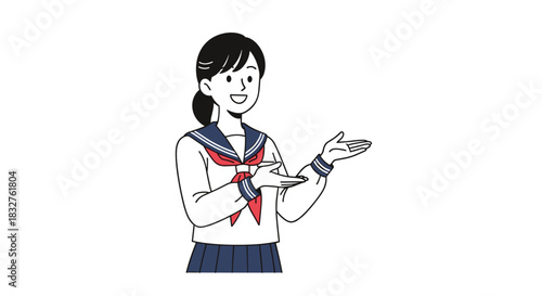 Young Japanese schoolgirl in uniform presenting with open hands against a white background.