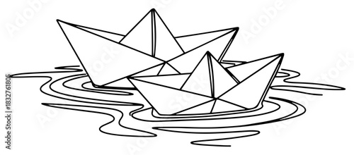 Continuous one line drawing of two origami paper boats floating on water ripples minimalist vector illustration of a shared journey