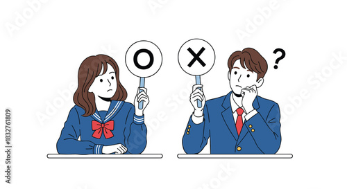 Two students, a girl and a boy, hold signs with an 'O' and an 'X' respectively, looking confused.