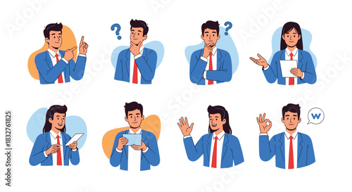 Collection of diverse business people in blue suits showing various actions and emotions.