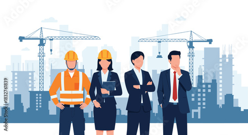 Four construction professionals in hard hats and suits stand against a cityscape backdrop with cranes.