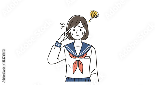 A worried or confused Japanese schoolgirl in uniform with a spinning question mark above her head.