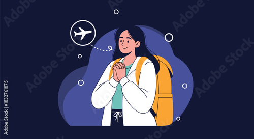 Young woman with a backpack looks up at an airplane symbol, anticipating travel.
