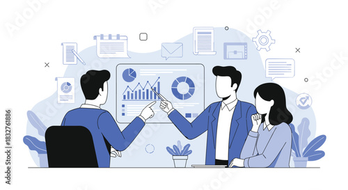 Team of professionals analyzing data and presenting business charts during a meeting.