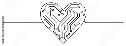Electronic circuit heart continuous one line drawing digital love technology vector illustration