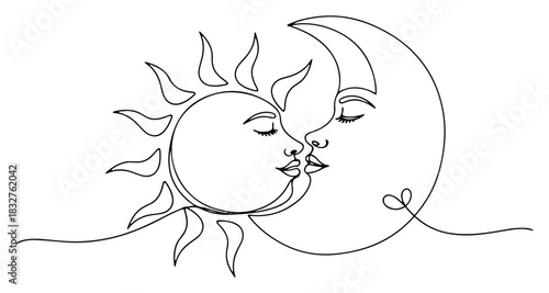 Continuous one line drawing of sun and moon kissing face to face symbolizing eternal celestial romance