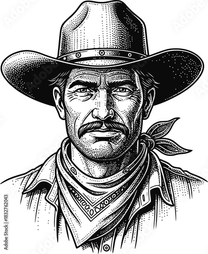 Dark silhouette portrait of a cowboy with a hat and bandana in Western style