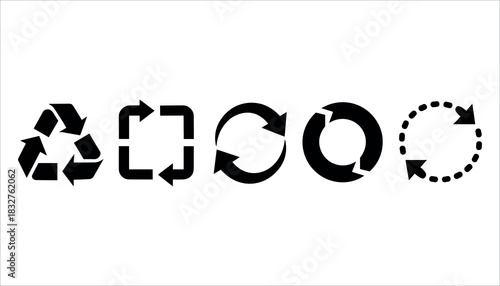 Five black circular arrow icons on white background recycle symbol circular arrows