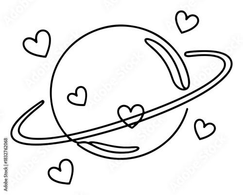 Continuous one line drawing of planet saturn with ring and floating hearts for universal cosmic love concept