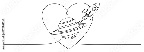 Rocket flying around planet in a heart shape continuous one line drawing vector illustration of space love for valentine day