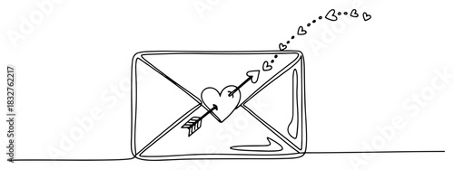 Continuous one line drawing of a love letter envelope with a pierced heart and flying small hearts