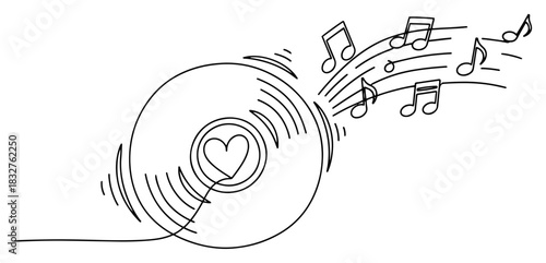 Continuous one line drawing of a spinning vinyl record with a heart center playing a love song