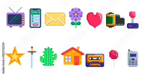 Pixel Art  Elements Set. Retro Objects & Colorful Icon.