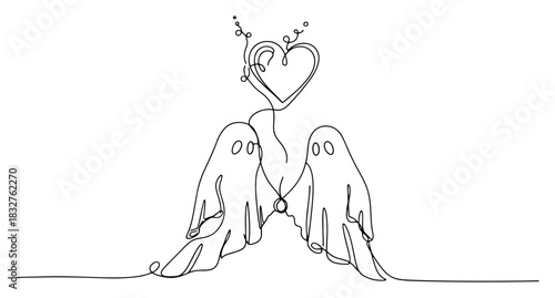 Two cute ghosts holding hands with floating heart continuous one line drawing spooky valentine vector