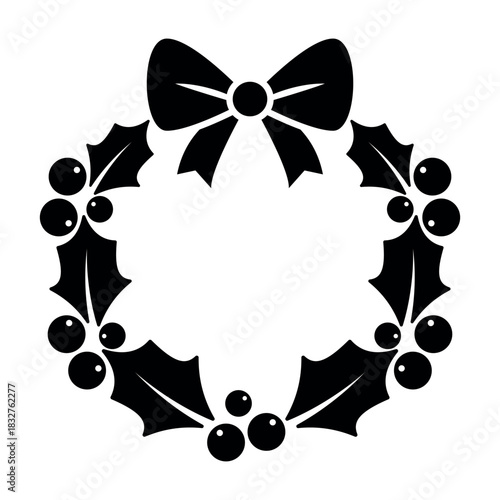 Black silhouette Christmas wreath illustration with holly leaves, berries and bow, minimalist festive holiday design, simple decorative winter symbol for cards, invitations, prints, greeting materials
