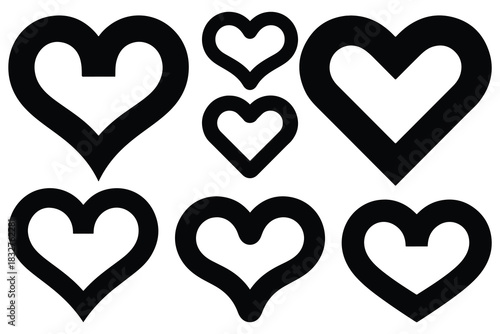 Six black outline hearts on white background shape