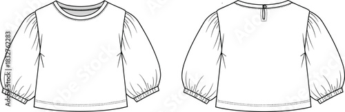 Technical blouse sketch, gathered sleeve top, long sleeve design, front and back view, fashion flat, garment illustration, apparel template