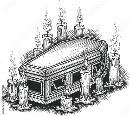 Distressed banner with eight flaming torches in a vintage woodcut style on a dark background